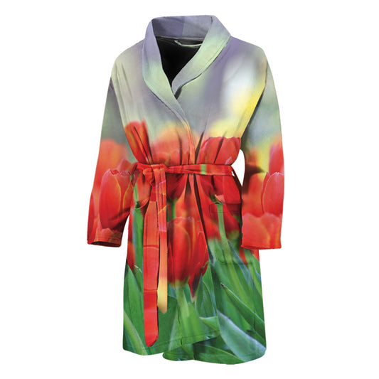 Red Tulip Print Men's Bathrobe