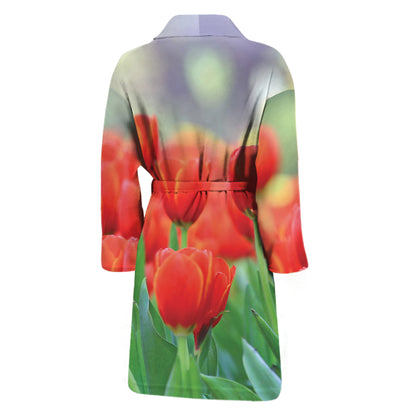Red Tulip Print Men's Bathrobe