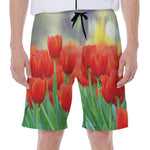 Red Tulip Print Men's Beach Shorts