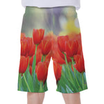 Red Tulip Print Men's Beach Shorts