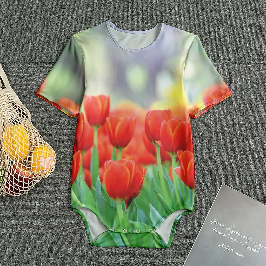 Red Tulip Print Men's Bodysuit