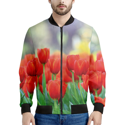 Red Tulip Print Men's Bomber Jacket