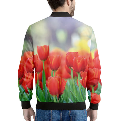 Red Tulip Print Men's Bomber Jacket