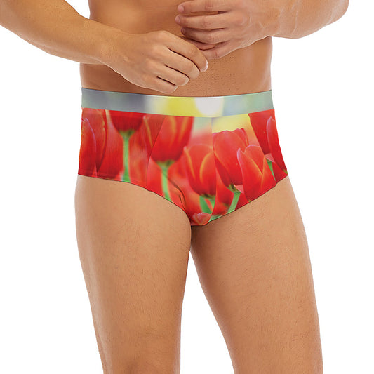 Red Tulip Print Men's Briefs