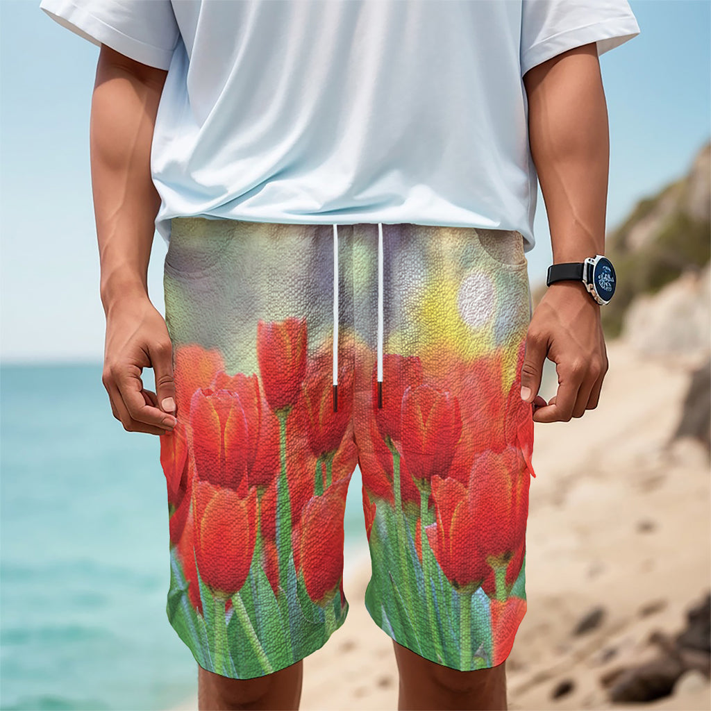 Red Tulip Print Men's Cargo Shorts