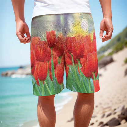 Red Tulip Print Men's Cargo Shorts
