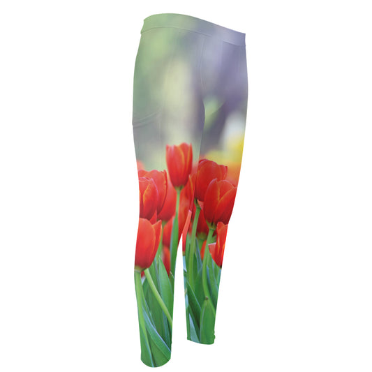 Red Tulip Print Men's Compression Pants