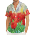 Red Tulip Print Men's Deep V-Neck Shirt
