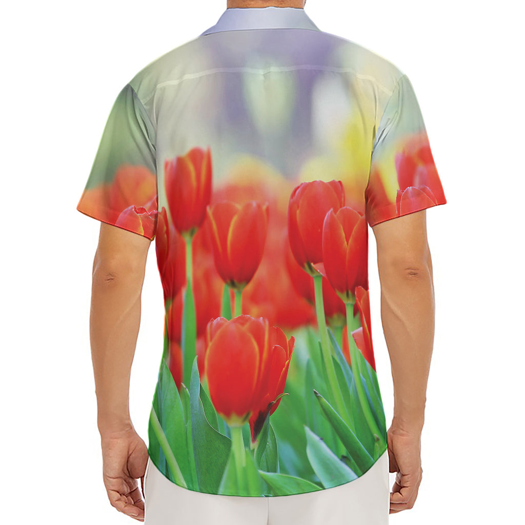 Red Tulip Print Men's Deep V-Neck Shirt