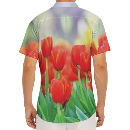 Red Tulip Print Men's Deep V-Neck Shirt
