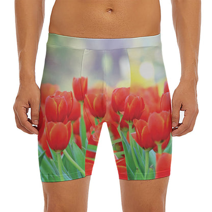 Red Tulip Print Men's Long Boxer Briefs