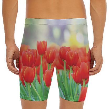 Red Tulip Print Men's Long Boxer Briefs