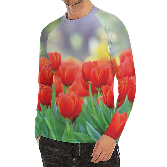 Red Tulip Print Men's Long Sleeve Rash Guard