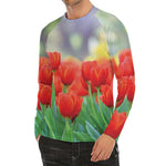 Red Tulip Print Men's Long Sleeve Rash Guard