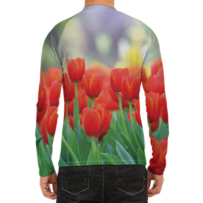 Red Tulip Print Men's Long Sleeve Rash Guard