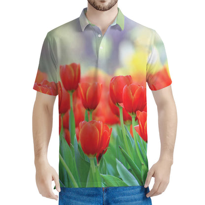 Red Tulip Print Men's Polo Shirt