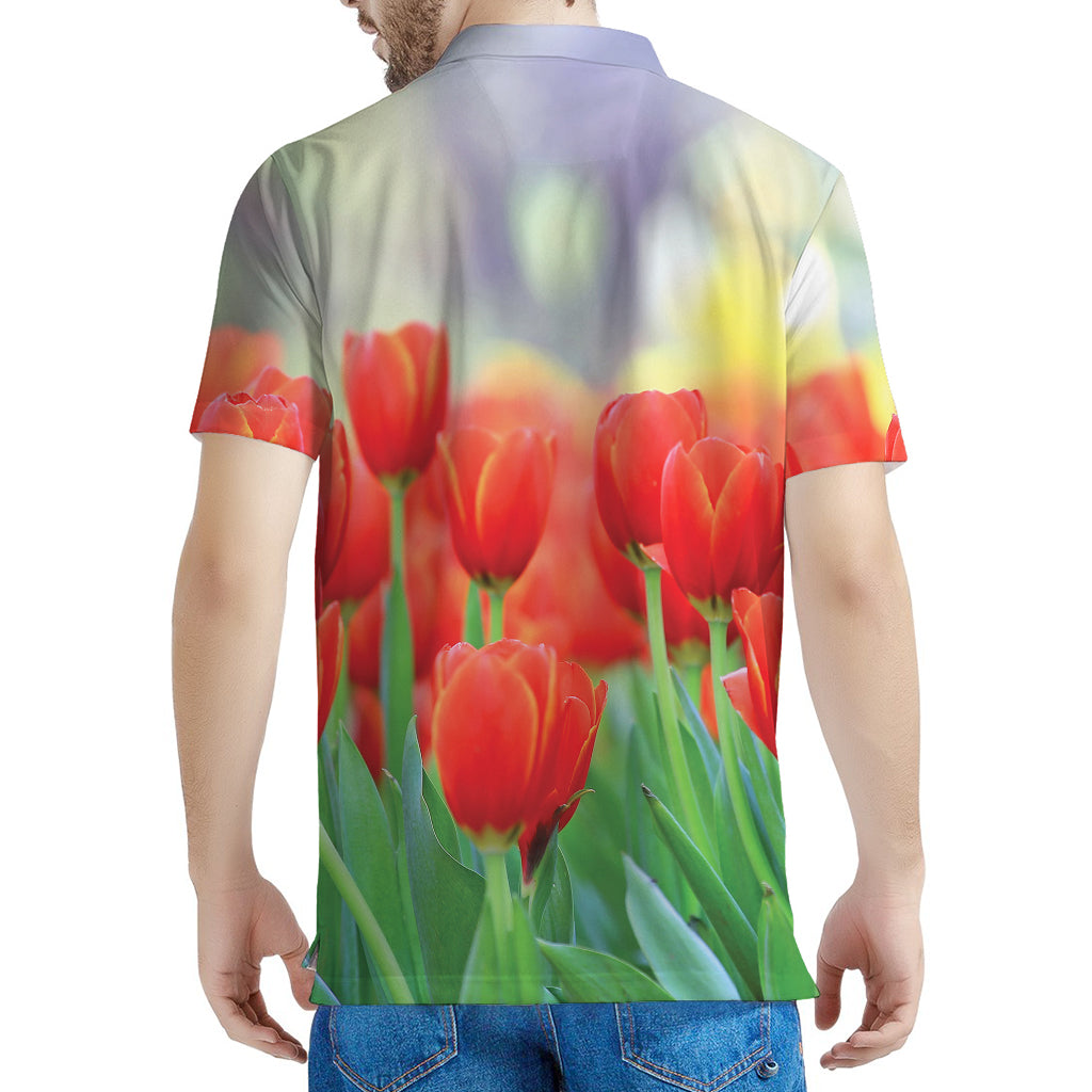 Red Tulip Print Men's Polo Shirt