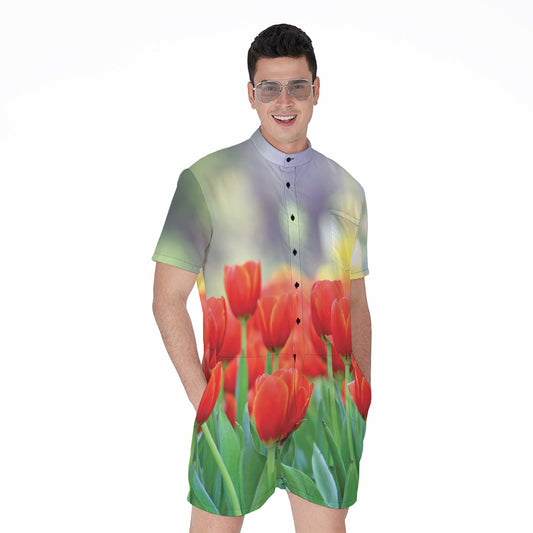 Red Tulip Print Men's Rompers