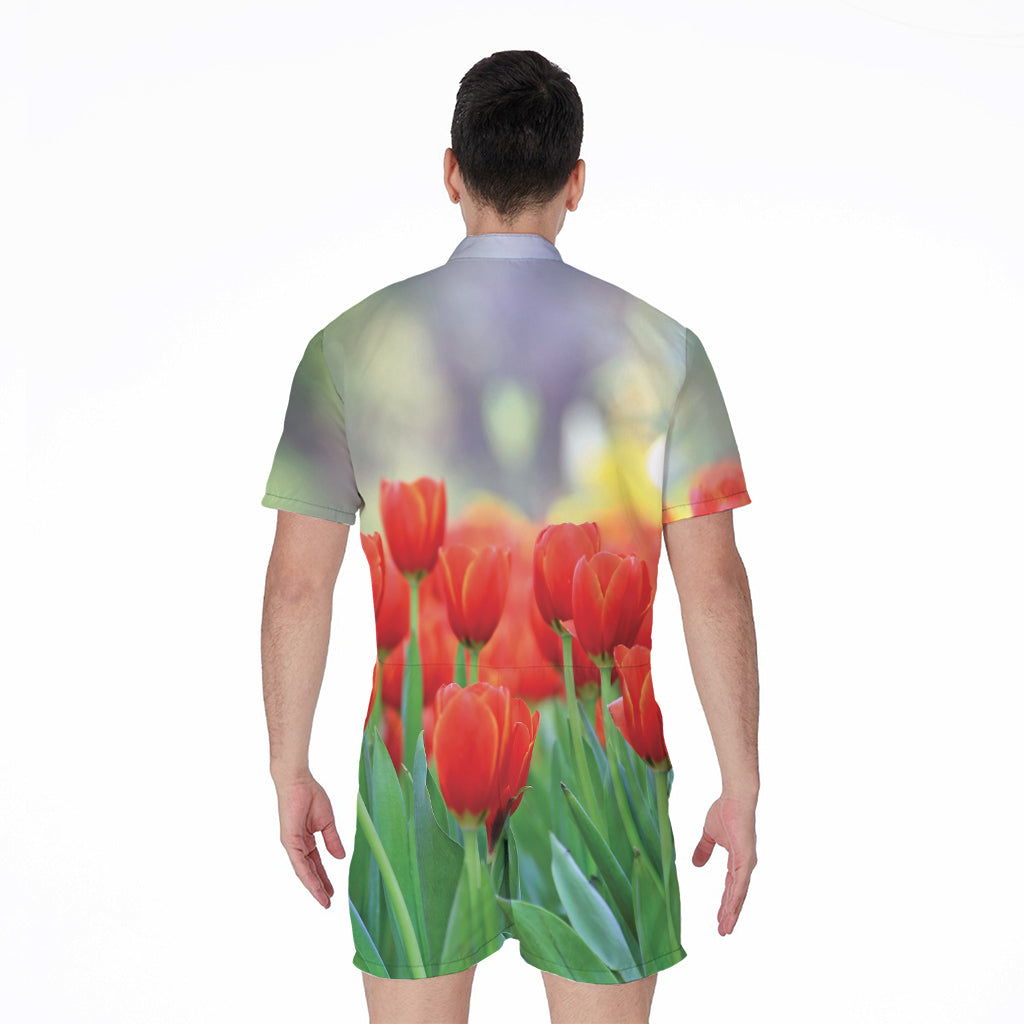 Red Tulip Print Men's Rompers