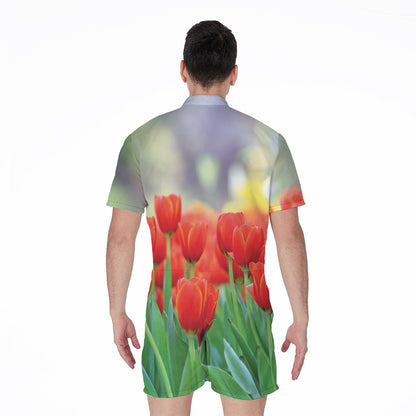 Red Tulip Print Men's Rompers