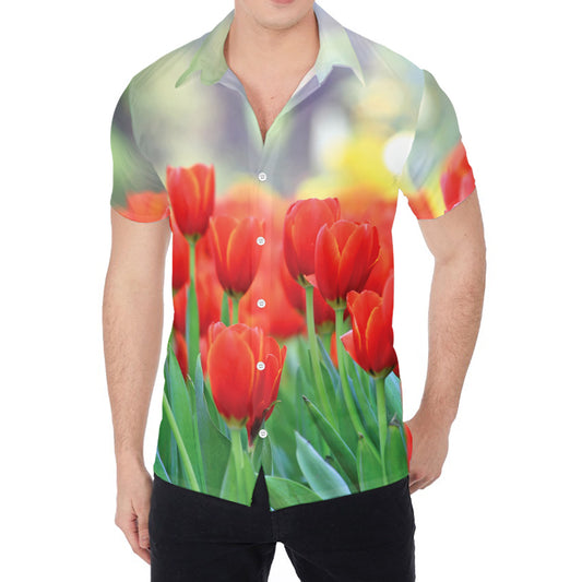 Red Tulip Print Men's Shirt