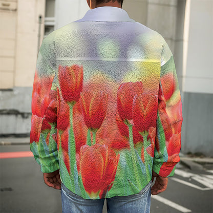 Red Tulip Print Men's Shirt Jacket