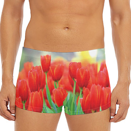 Red Tulip Print Men's Short Boxer Briefs