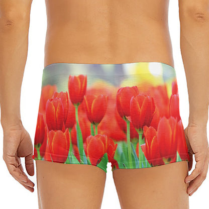 Red Tulip Print Men's Short Boxer Briefs