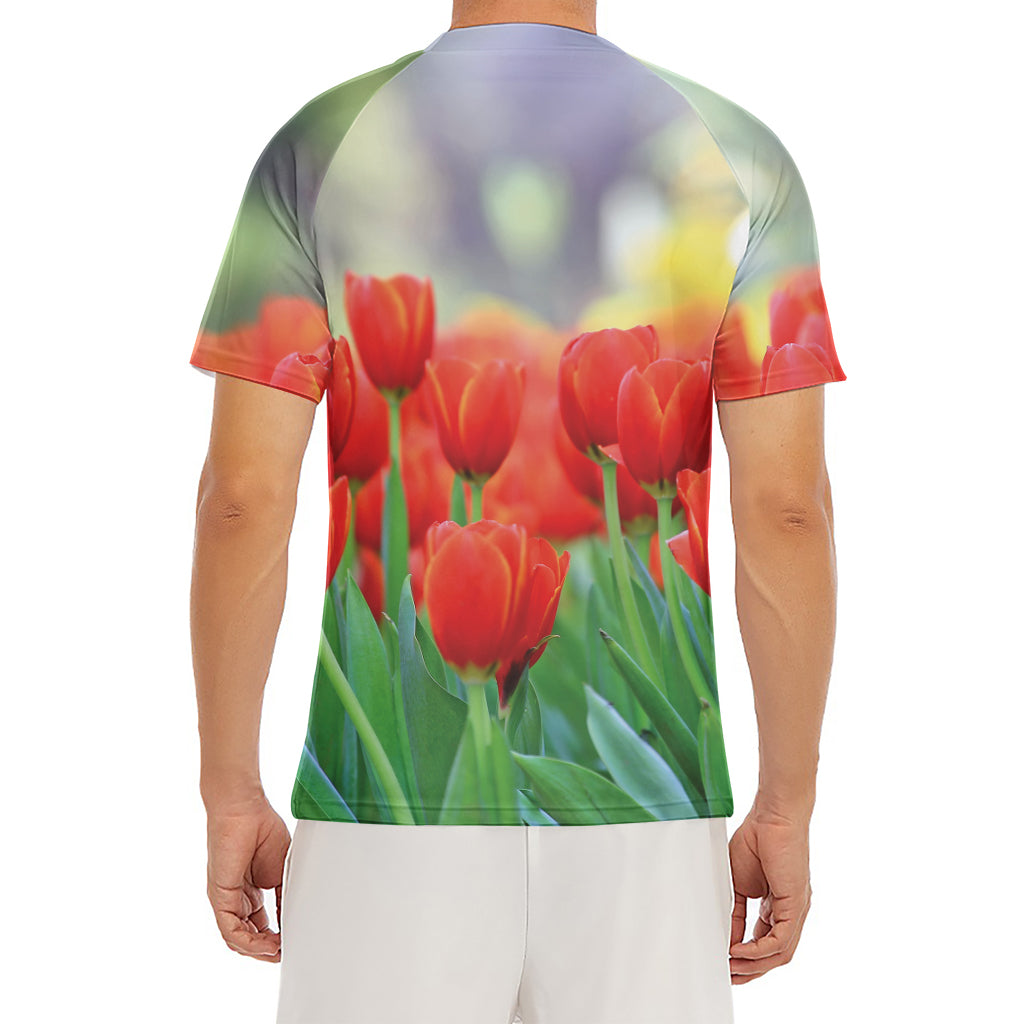 Red Tulip Print Men's Short Sleeve Rash Guard