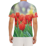 Red Tulip Print Men's Short Sleeve Rash Guard