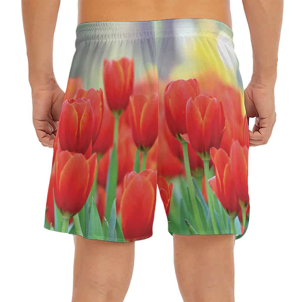 Red Tulip Print Men's Split Running Shorts