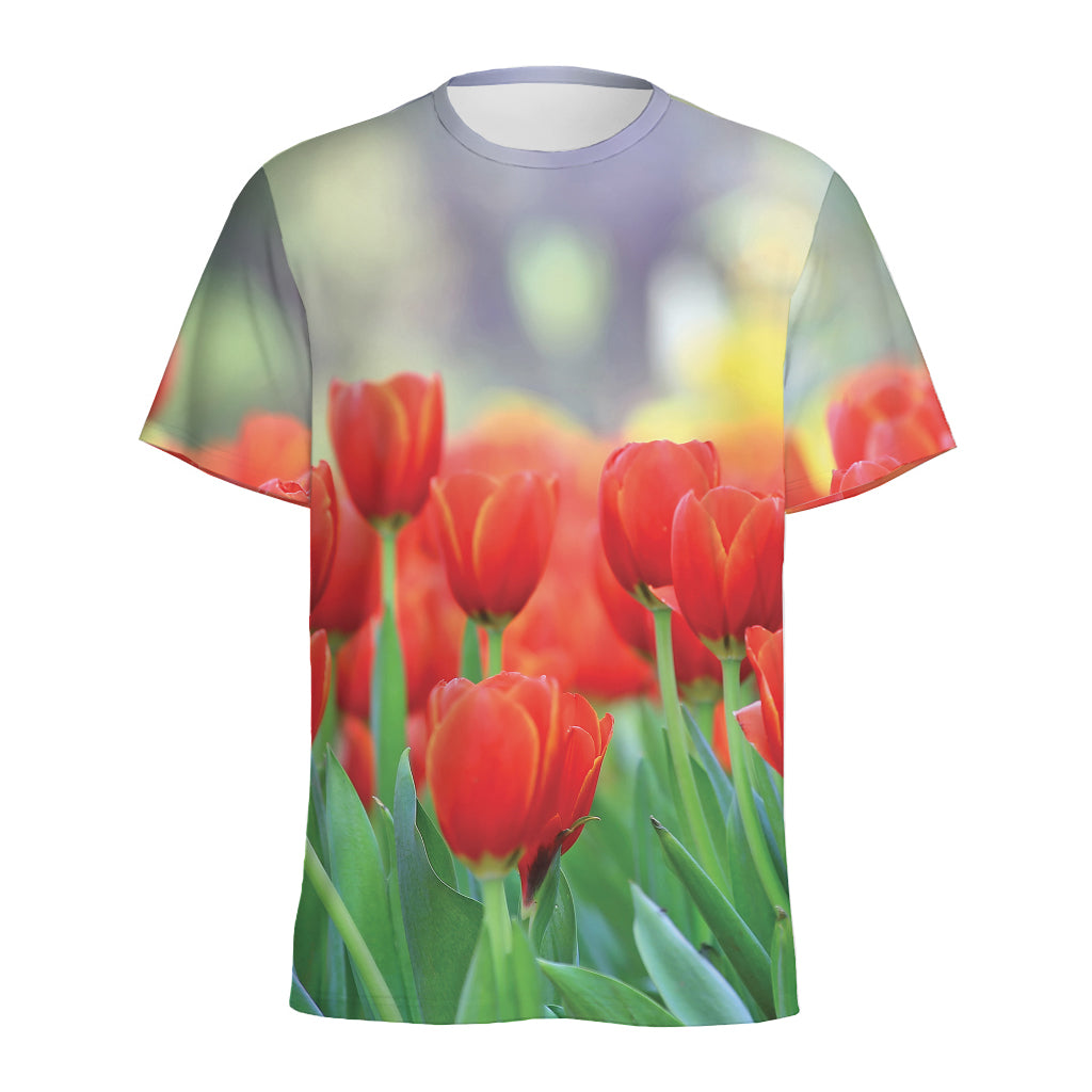Red Tulip Print Men's Sports T-Shirt