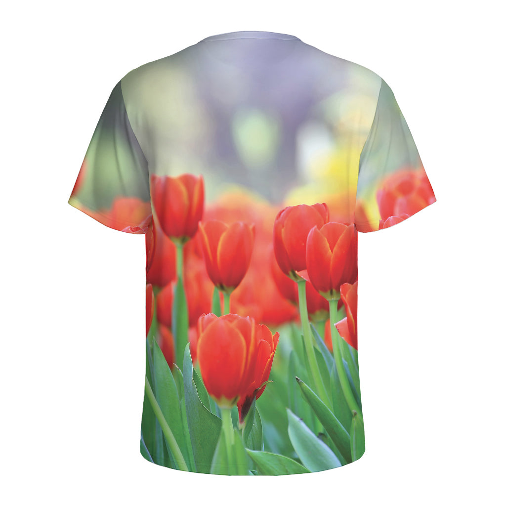 Red Tulip Print Men's Sports T-Shirt
