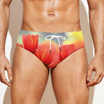 Red Tulip Print Men's Swim Briefs