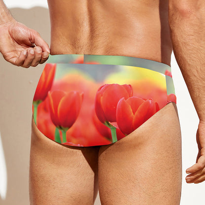 Red Tulip Print Men's Swim Briefs