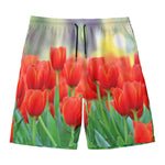 Red Tulip Print Men's Swim Trunks