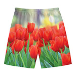 Red Tulip Print Men's Swim Trunks