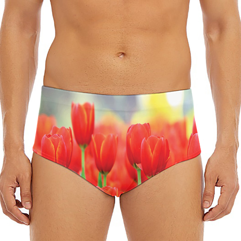 Red Tulip Print Men's Triangle Swim Briefs