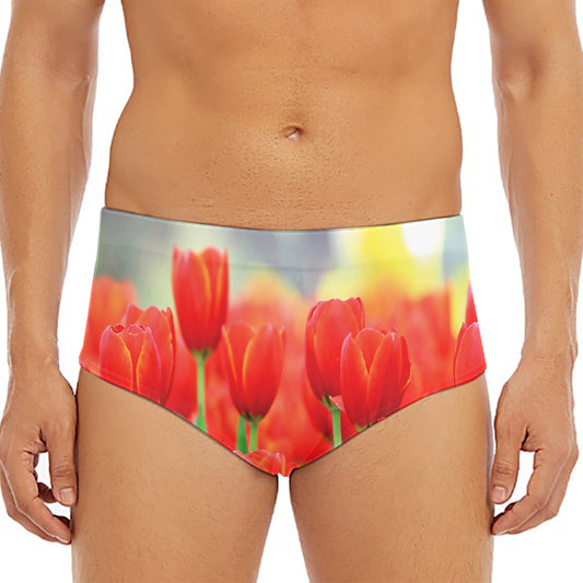 Red Tulip Print Men's Triangle Swim Briefs