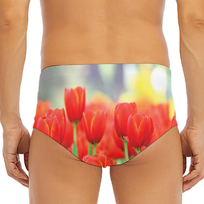 Red Tulip Print Men's Triangle Swim Briefs
