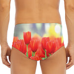 Red Tulip Print Men's Triangle Swim Briefs