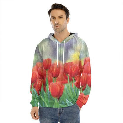 Red Tulip Print Men's Velvet Pullover Hoodie