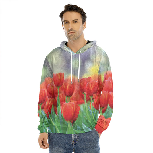 Red Tulip Print Men's Velvet Pullover Hoodie