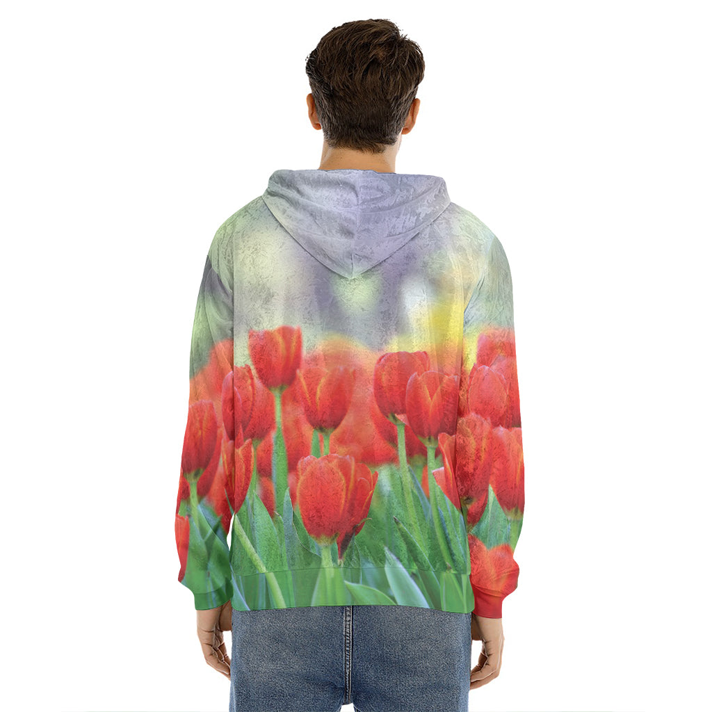 Red Tulip Print Men's Velvet Pullover Hoodie