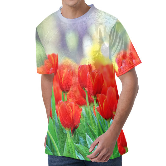 Red Tulip Print Men's Velvet T-Shirt