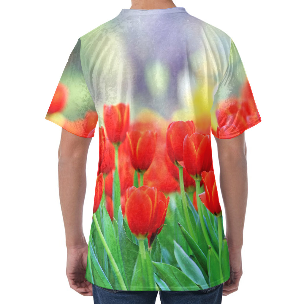 Red Tulip Print Men's Velvet T-Shirt