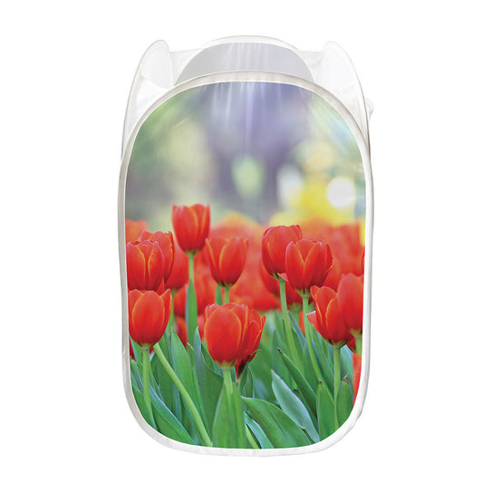 Red Tulip Print Mesh Laundry Hamper