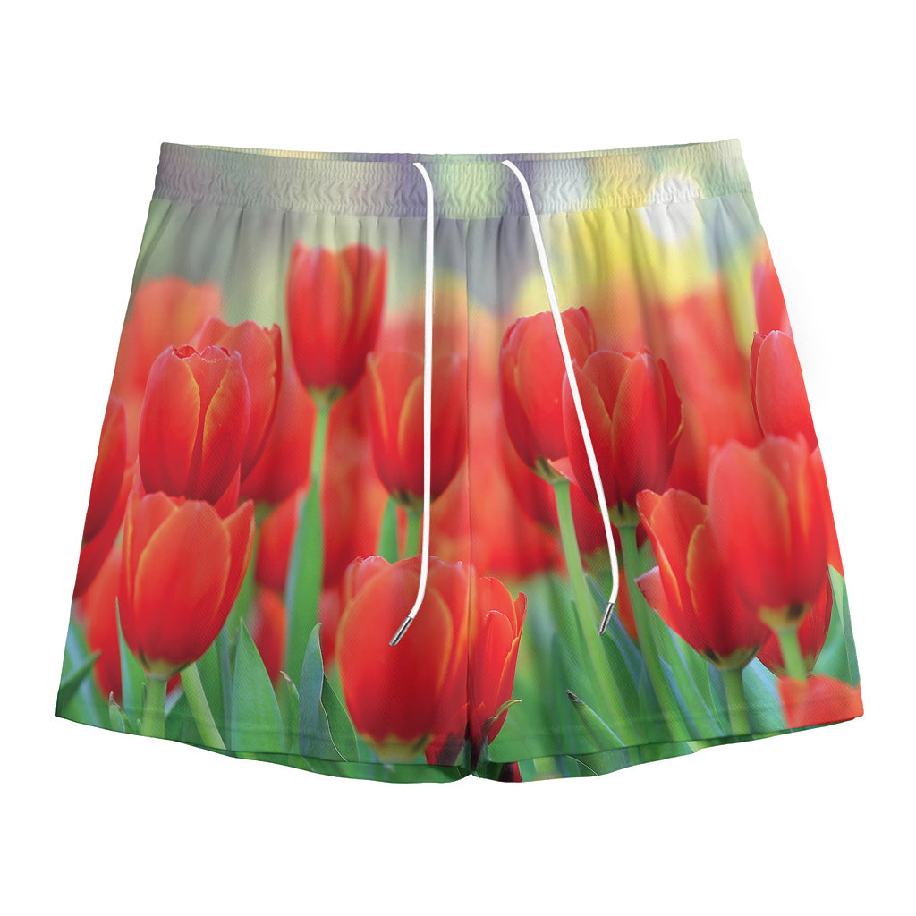 Red Tulip Print Mesh Shorts