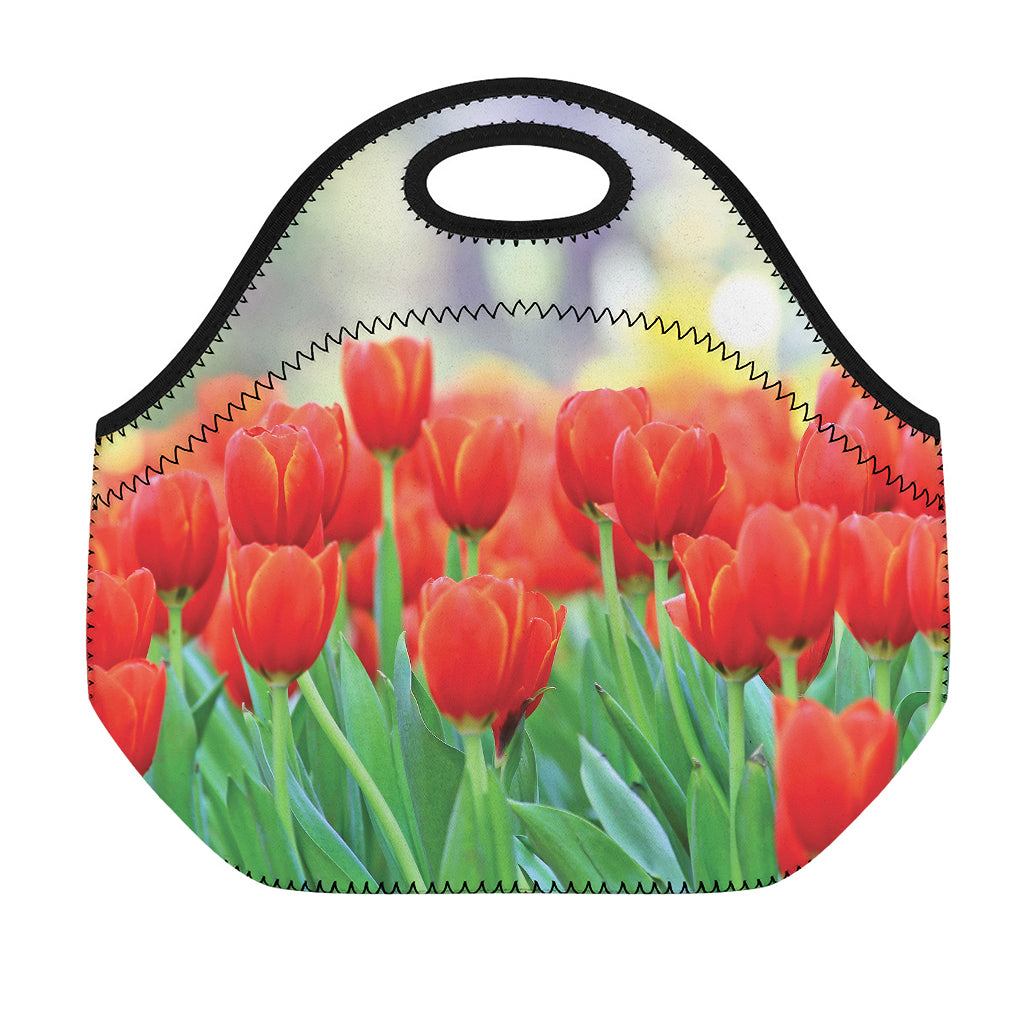 Red Tulip Print Neoprene Lunch Bag