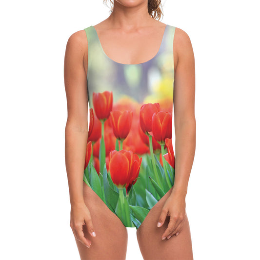Red Tulip Print One Piece Swimsuit